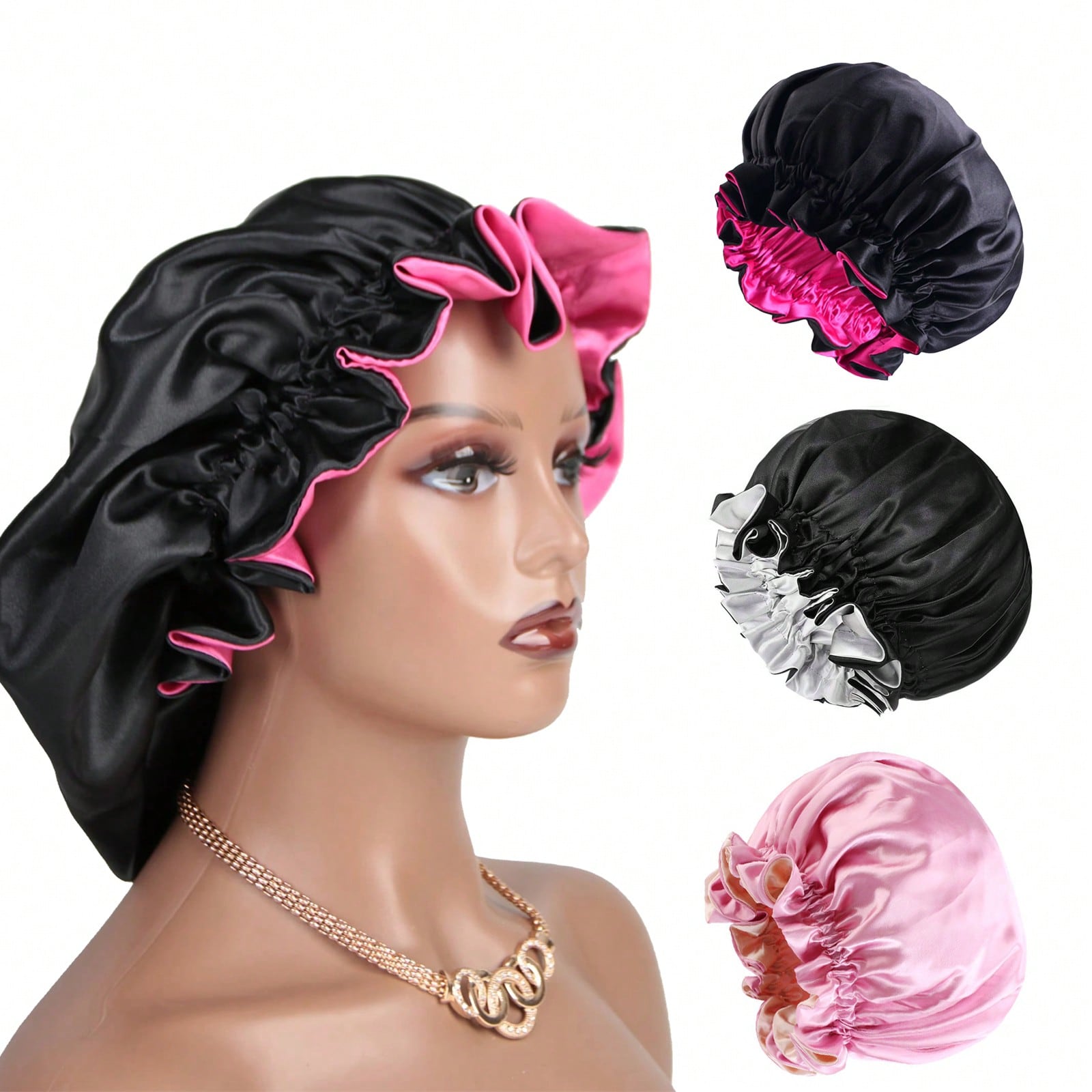 Satin Hair Bonnet - 1 adet İki Renkli Saten Şapka